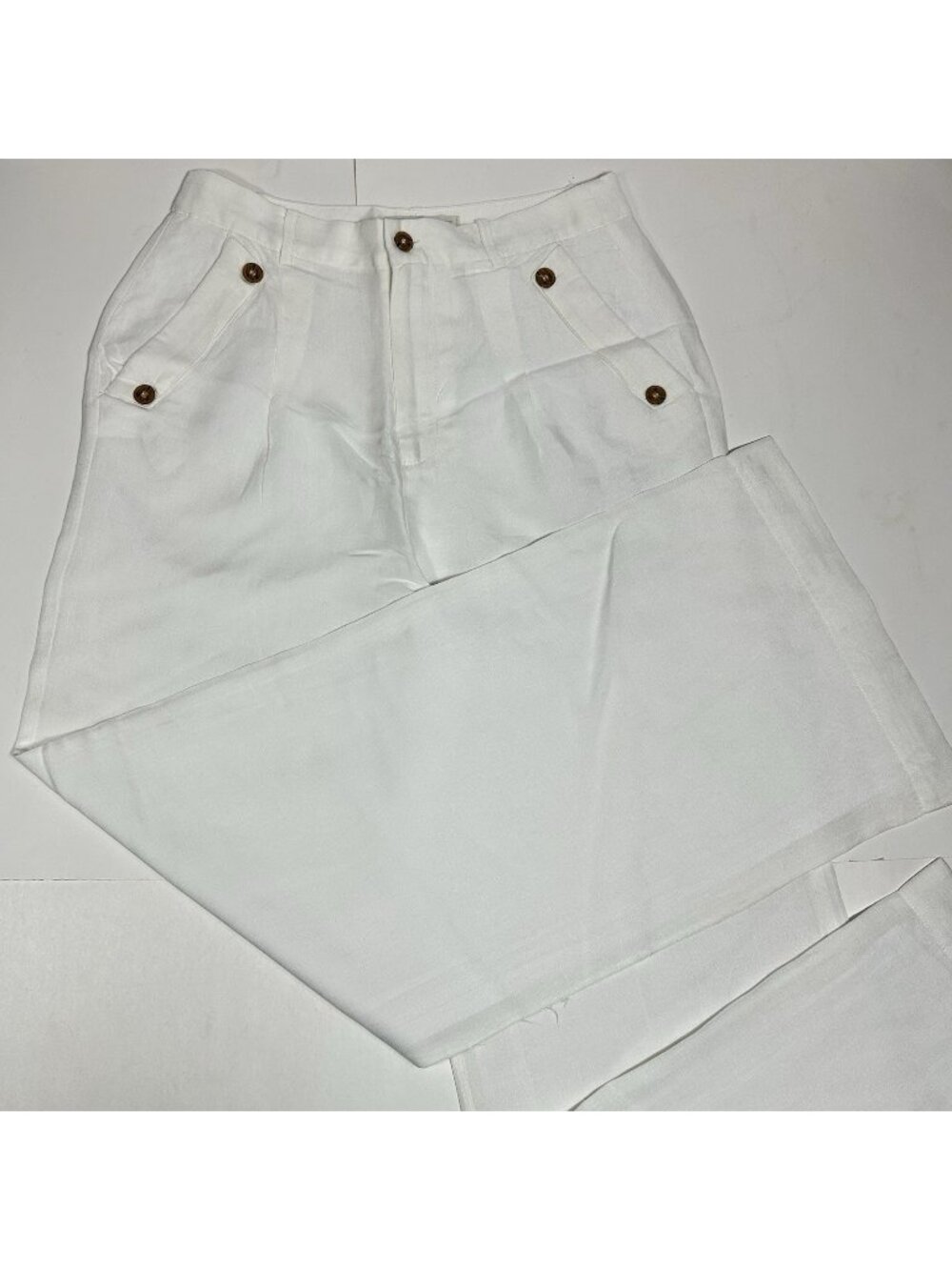 New Chelsea & Violet Women Linen Wide-Leg Pants Ivory Buttons Lined Nautical 4